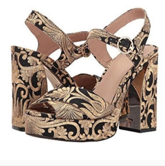 Tory Burch Black And Gold Embroidered Brocade Loretta Platform Sandal - Picture 1 of 6